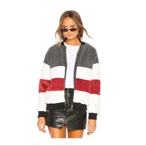 Ash Stripped Panel Faux Fur Bomber in Multi Color by Superdown (XS)